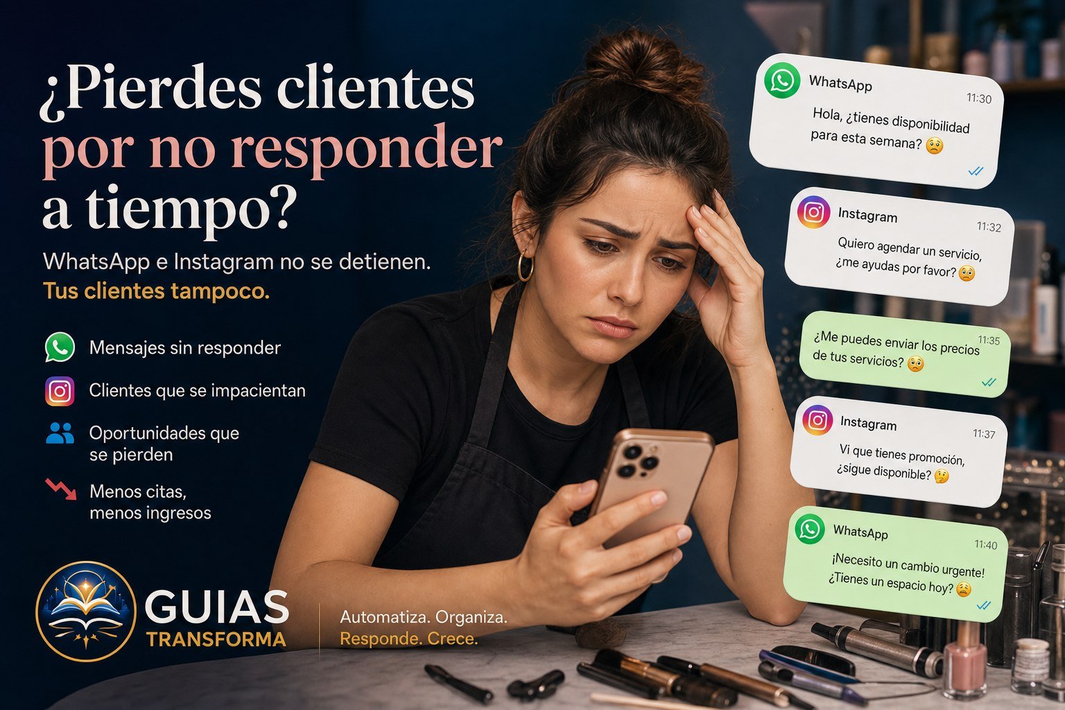 Profesional de belleza gestionando mensajes y citas desde su teléfono