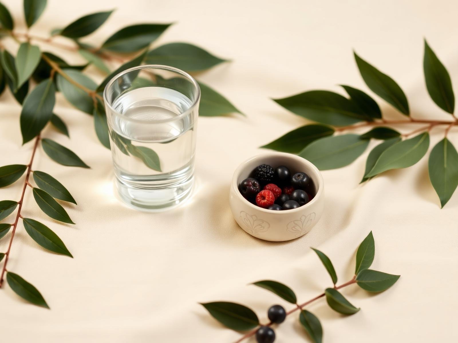 Agua, frutos y hojas verdes que representan hábitos saludables